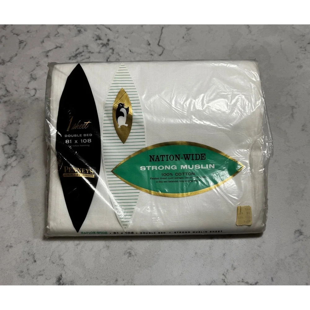 Vtg Penney's Nation-Wide Strong Muslin White Double Flat Sheet 100% Cotton NOS
